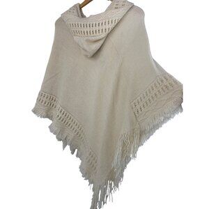 New Poncho Hood Fringe Hem Knit Crochet Details OS Max Edition $98 8682